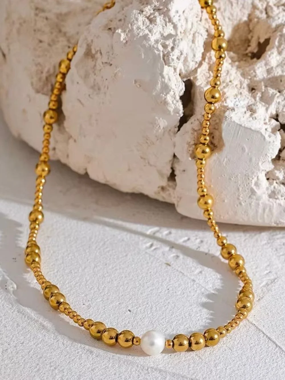 Gold Beaded Necklace with Pearl Accent